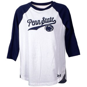 white Under Armour women's performance cotton baseball t-shirt navy sleeves script Penn State and Athletic Logo
